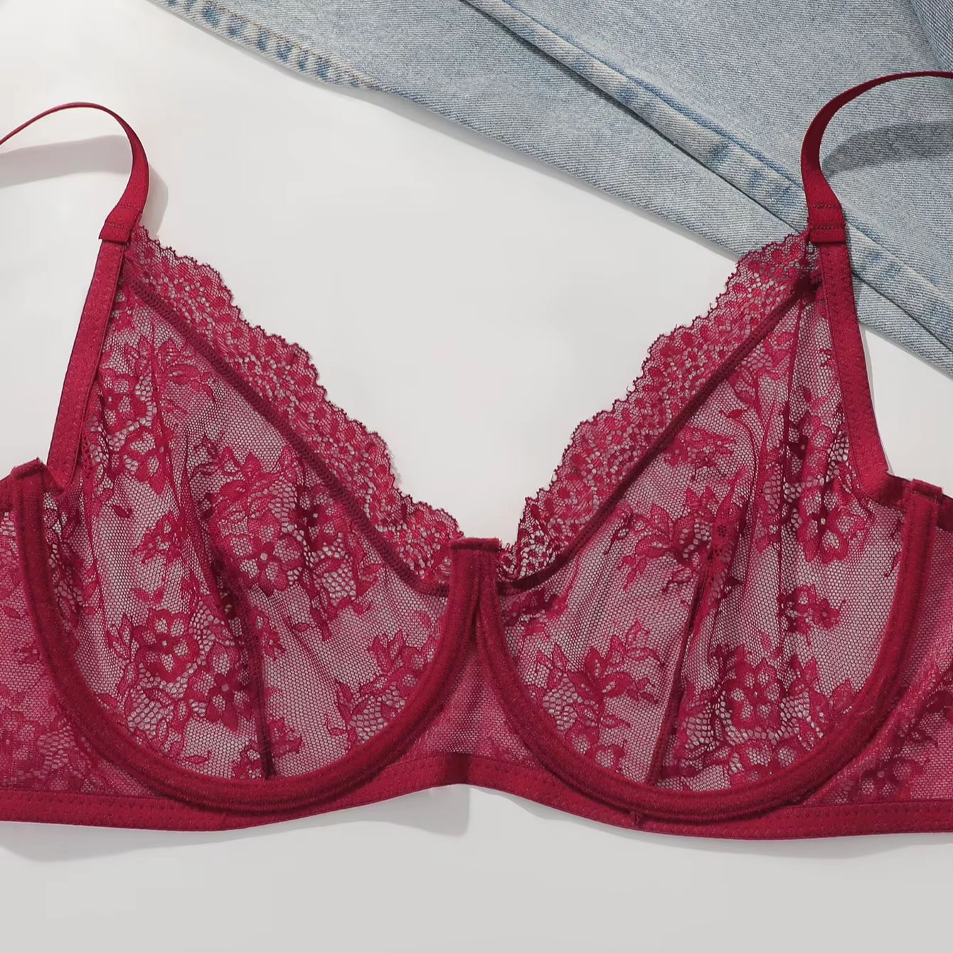 Women Plus Size Red Lace Sheer - Full Coverage Bra 评论和价格